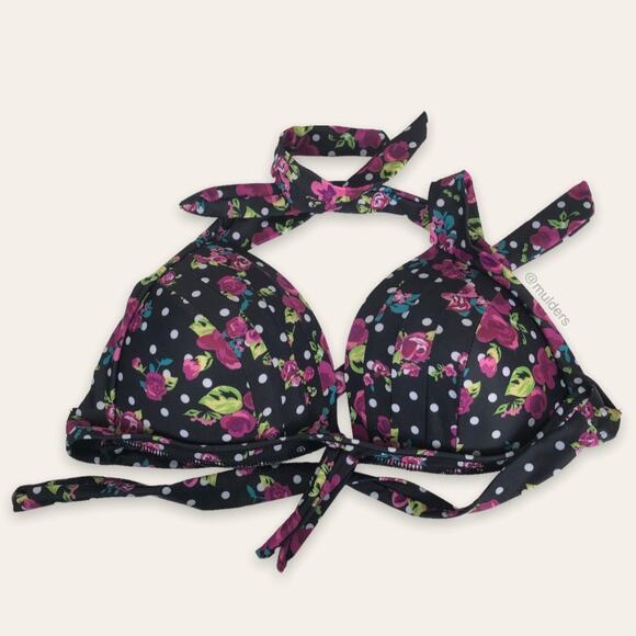 Black Polka Dot Multicolor Floral Swim Bikini Halter Tie Top Plus Size XXXXL - Picture 1 of 5